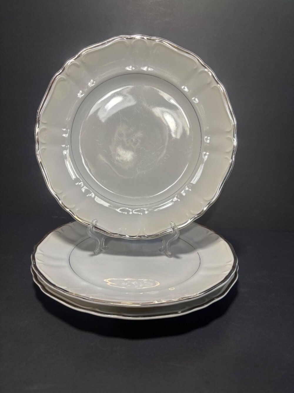 Harmony House Silver Sonata Fine China Dinner Plates Set Of 3 Vintage 60s Japan